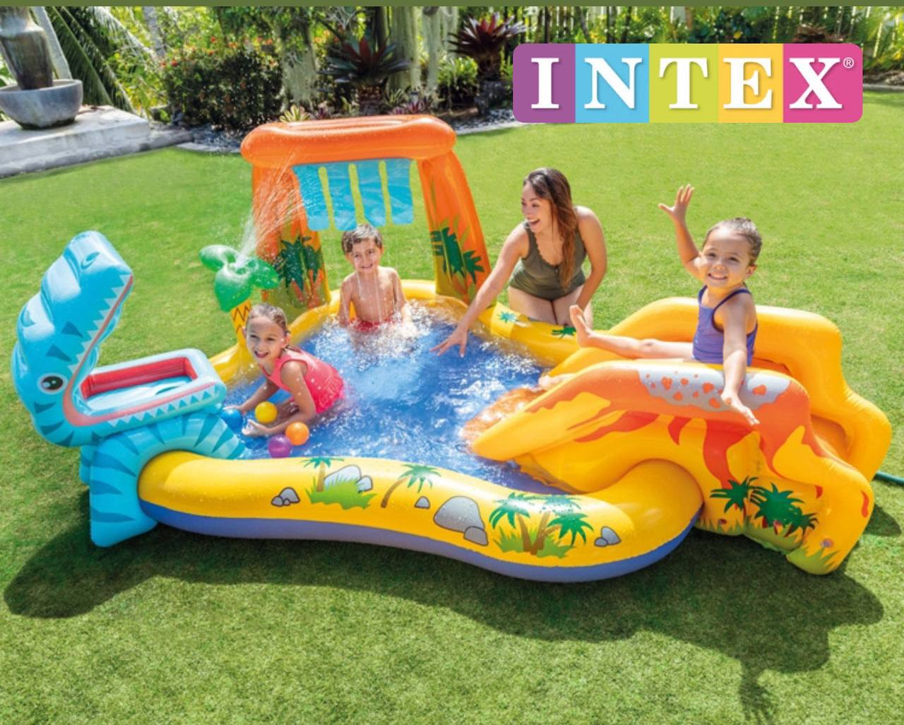Надувний ігровий центр Intex 57444 «Динозаври», 272 л з гіркою для спуску, 249 х 191 х 109 см