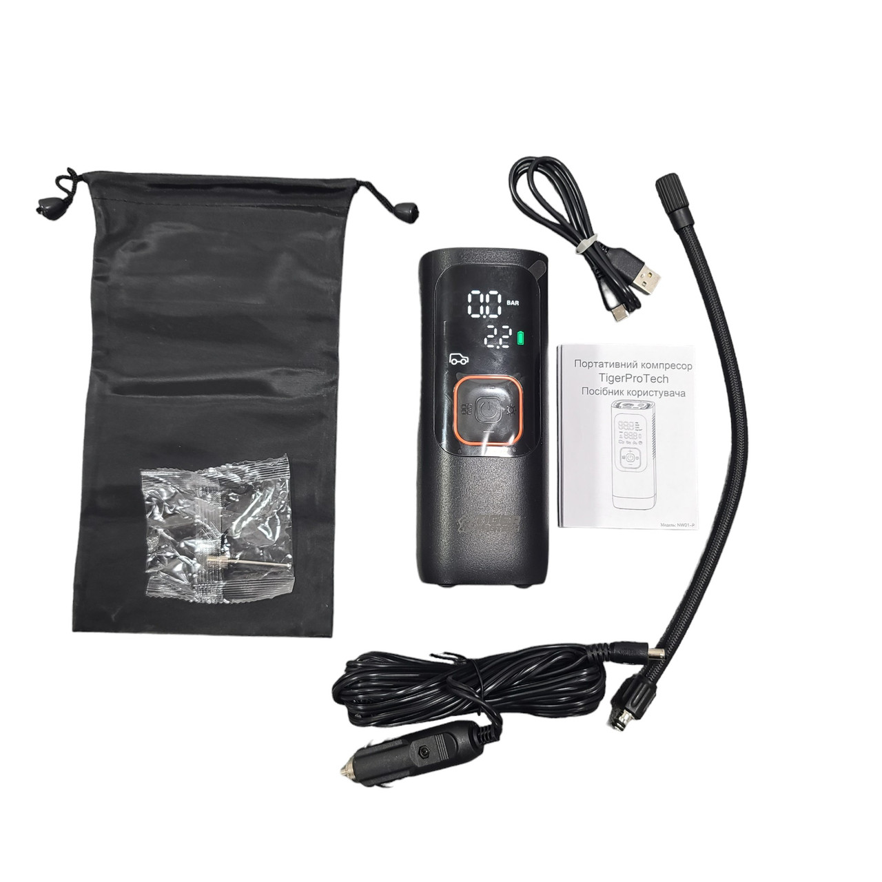 Портативний компресор TigerProTech NW01-P, акумулятор 7500Аг, тиск 4.4БАР, USB вихід, ліхтарик