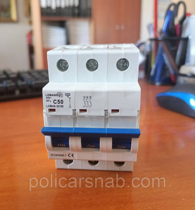 Автоматичний вимикач малогабаритний 3 полюси 3P 50A Lemanso LCB45-3C50 тип С 50Гц