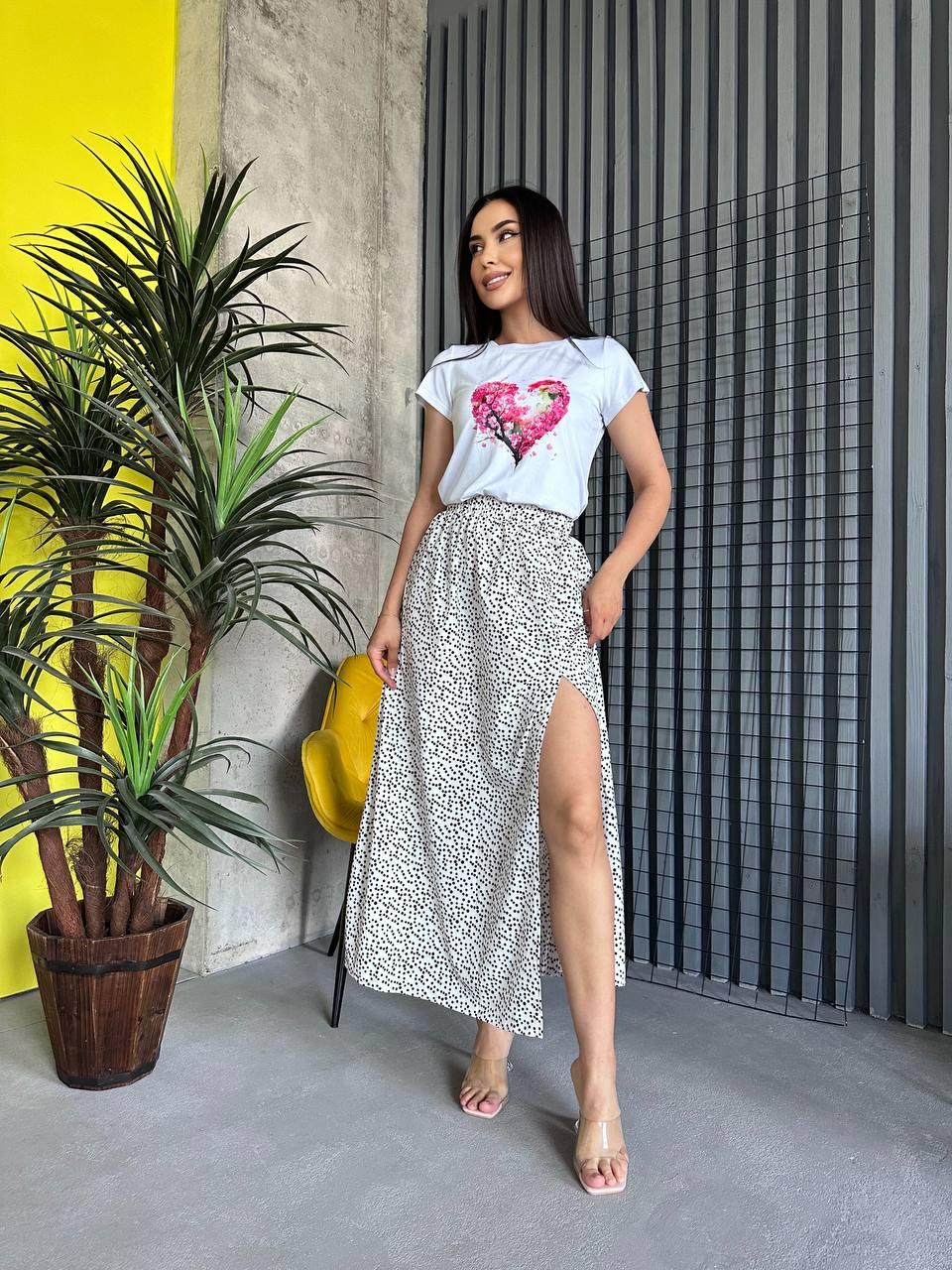 Літня жіноча спідниця міді з розрізом софт у горошок Uv337