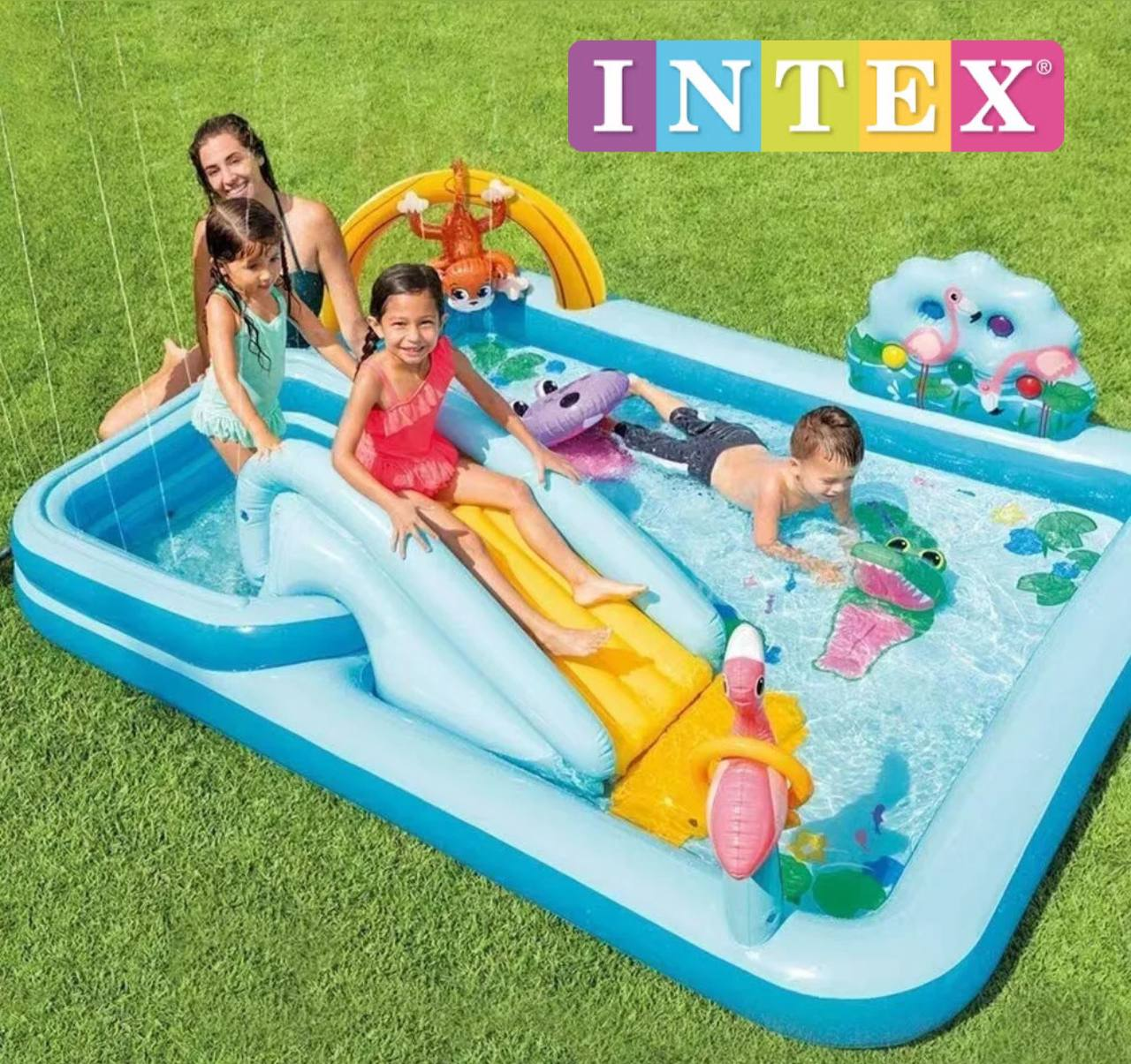Дитячий надувний ігровий центр INTEX 57161 "Пригоди в джунглях" гірка, фонтани 257х216х84 см