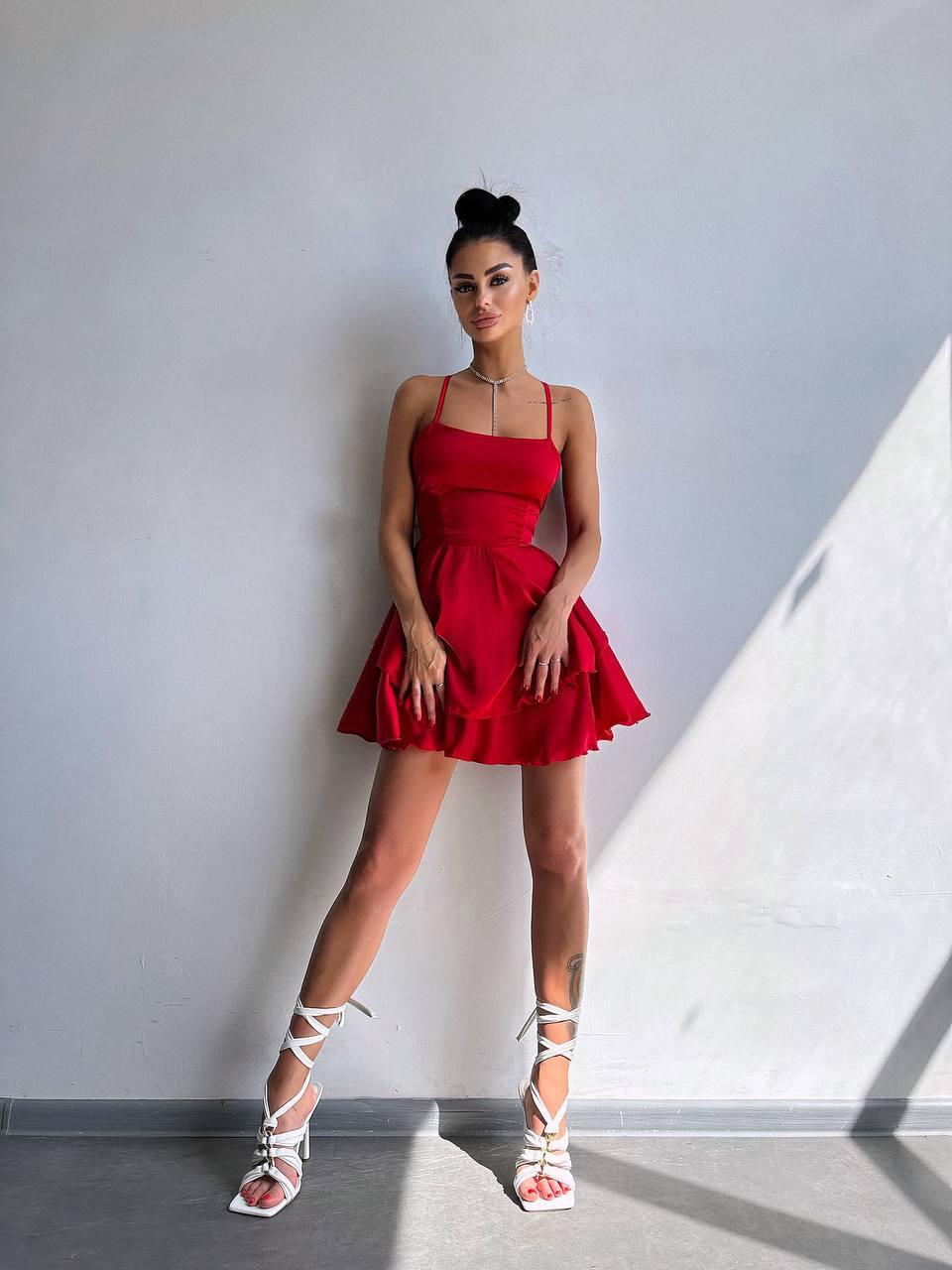 Коротке шовкове плаття з відкритою спиною та розкльошеною подвійною спідницею (р. S, M) 66PL5722Е, фото 1