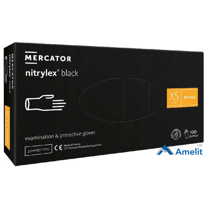 Рукавички нітрилові Nitrylex Black "XS" без пудри, чорні (Mercator Medical), 50 пар/пак.