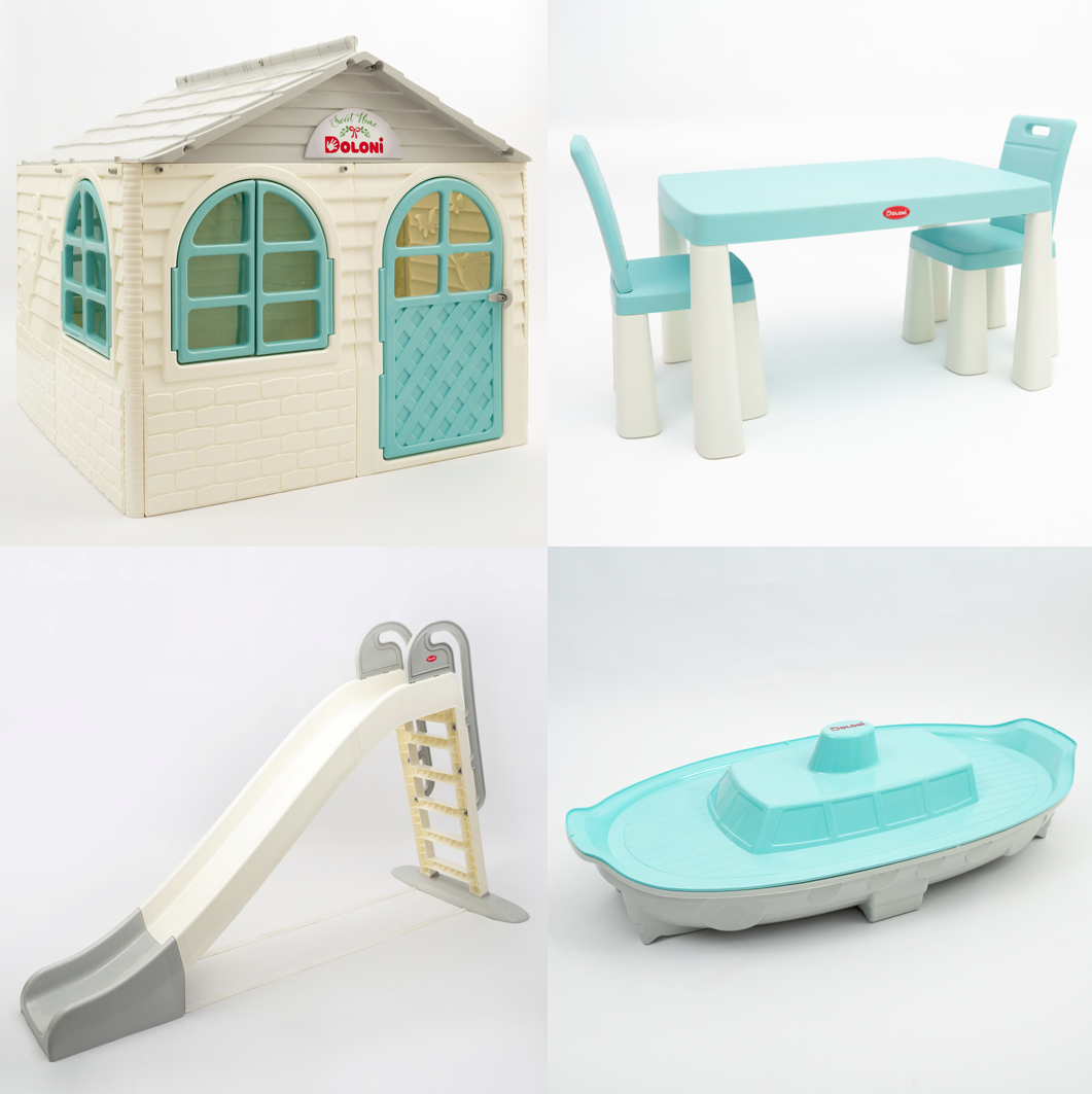 МЕГА НАБІР Середній будиночок зі шторками, велика пластикова гірка, столик зі стільчиками і пісочниця ТМ Doloni, фото 1