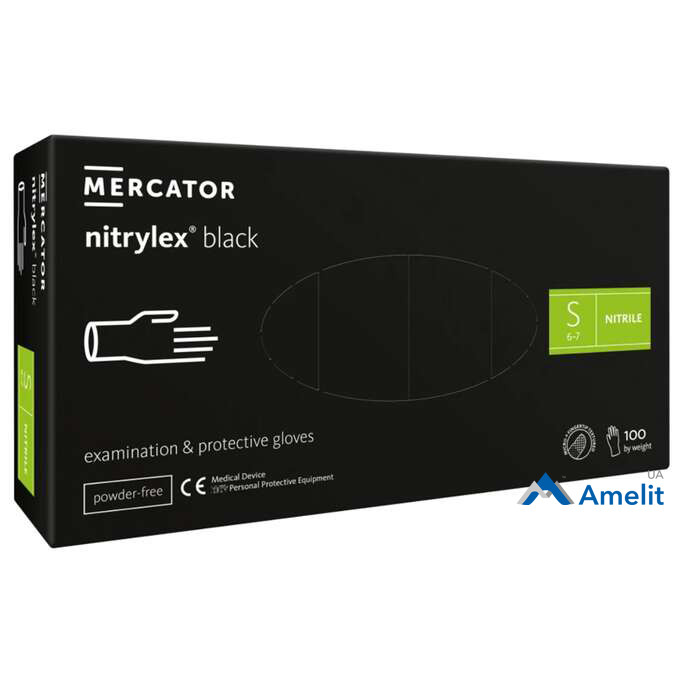 Рукавички нітрилові Nitrylex Black "S" без пудри, чорні (Mercator Medical), 50 пар/пак.