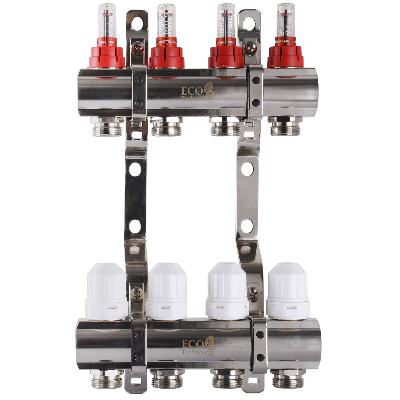 Колектор з вимірювачем витрат, регуляторами та кріпленням ECO 001D 1"x4 Techno-Torba Гарант Якості