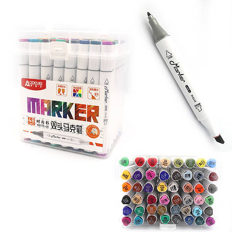 Набір скетч-маркерів 48шт. Aodemei M6113-48 2-хстор. скош/круг у боксі, фото 1