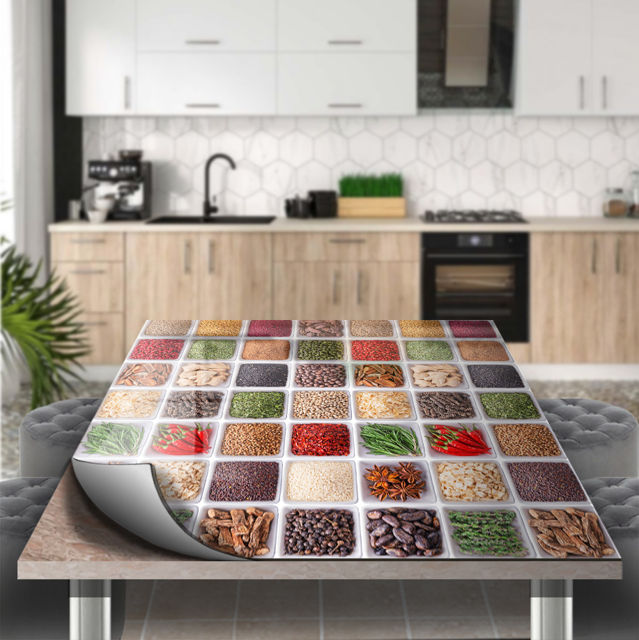 Покриття для столу, м'яке скло з фотодруком, Спеції у білих піалах 60 х 100 см (1,2 мм) МСПБ-tx402