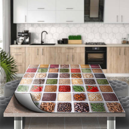 Покриття для столу, м'яке скло з фотодруком, Спеції у білих піалах 60 х 100 см (1,2 мм) МСПБ-tx402, фото 1