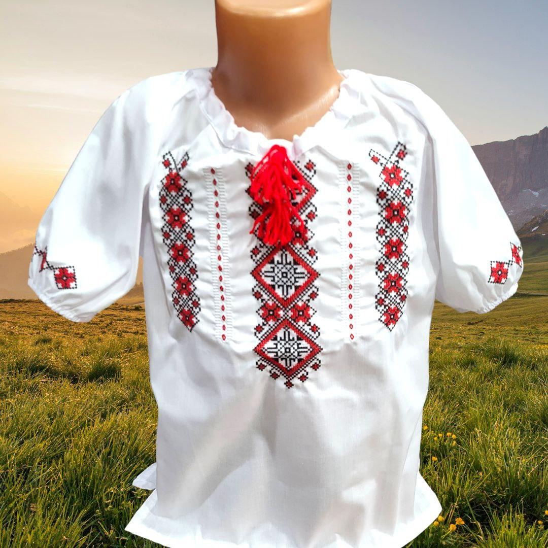 Опт Вишиванка короткий рукав для дівчаток з червоною вишивкою р. 122-146