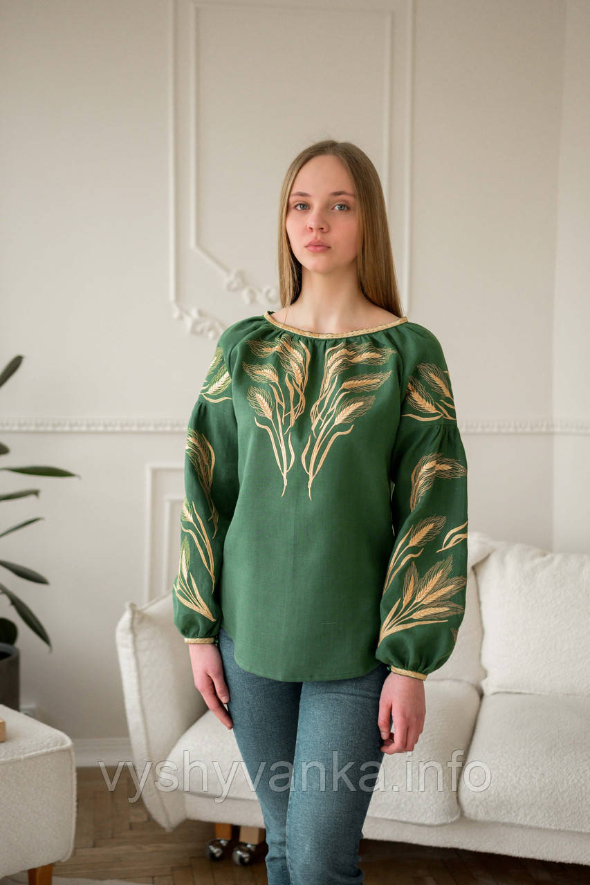 Зелена лляна жіноча вишиванка "Колоски", арт. 4637, фото 1