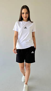 Жіночий літній костюм Adidas Футболка + Шорти білий з чорним Комплект Адідас на літо