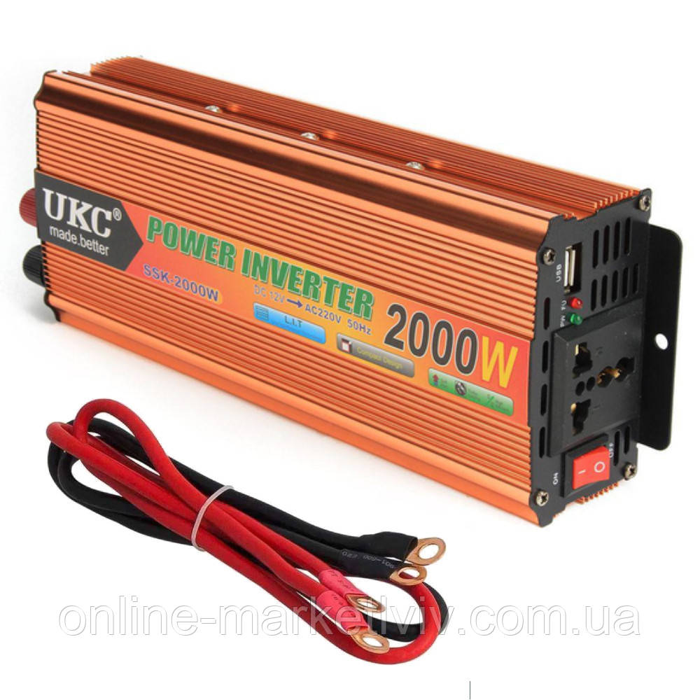 Перетворювач напруги AC/DC з 12V на 220V, 2000W, UKC / Автомобільний інвертор постійного струму, фото 1