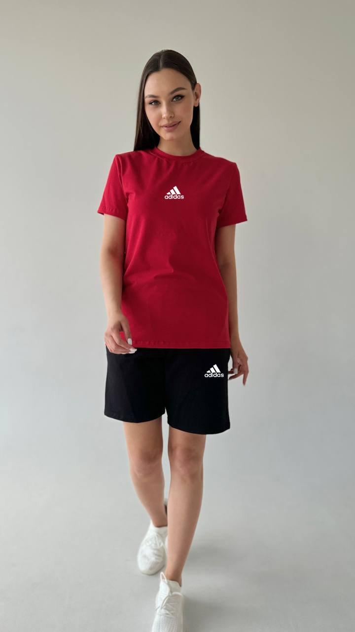 Жіночий літній костюм Adidas Футболка + Шорти червоний з чорним Комплект Адідас на літо, фото 1