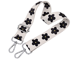 Ремінь для сумки через плече 38мм Молочний з чорною квіткою фурнітура нікель #28768