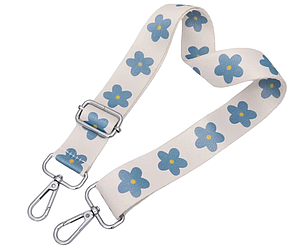 Ремінь для сумки через плече 38мм Молочний з блакитною квіткою фурнітура нікель #28769