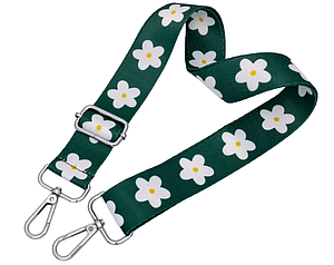 Ремінь для сумки через плече 38мм Зелений з білою квіткою фурнітура нікель #28770