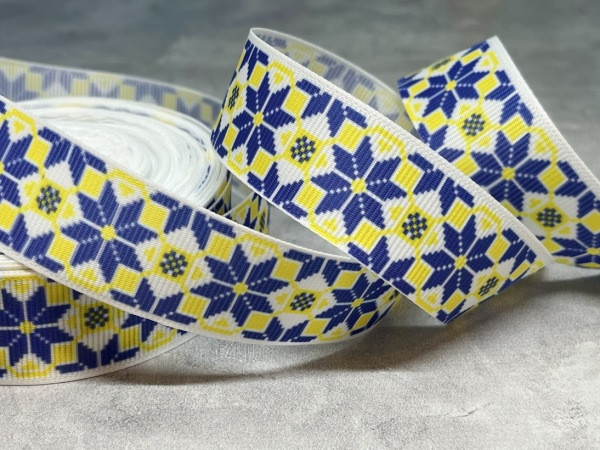 Репсова стрічка 2.5 см- Орнамент (жовто-синя), метр, Різнокольоровий, фото 1