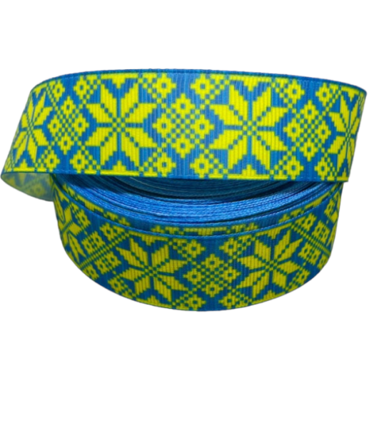 Репсова стрічка 2.5 см, Жовта зірка на голубом, метр, Різнокольоровий, фото 1