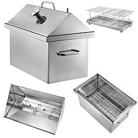 Двоярусна коптильня із нержавійки «L» домашня для гарячого копчення з трьома гачками та термометром, 1.5 мм.