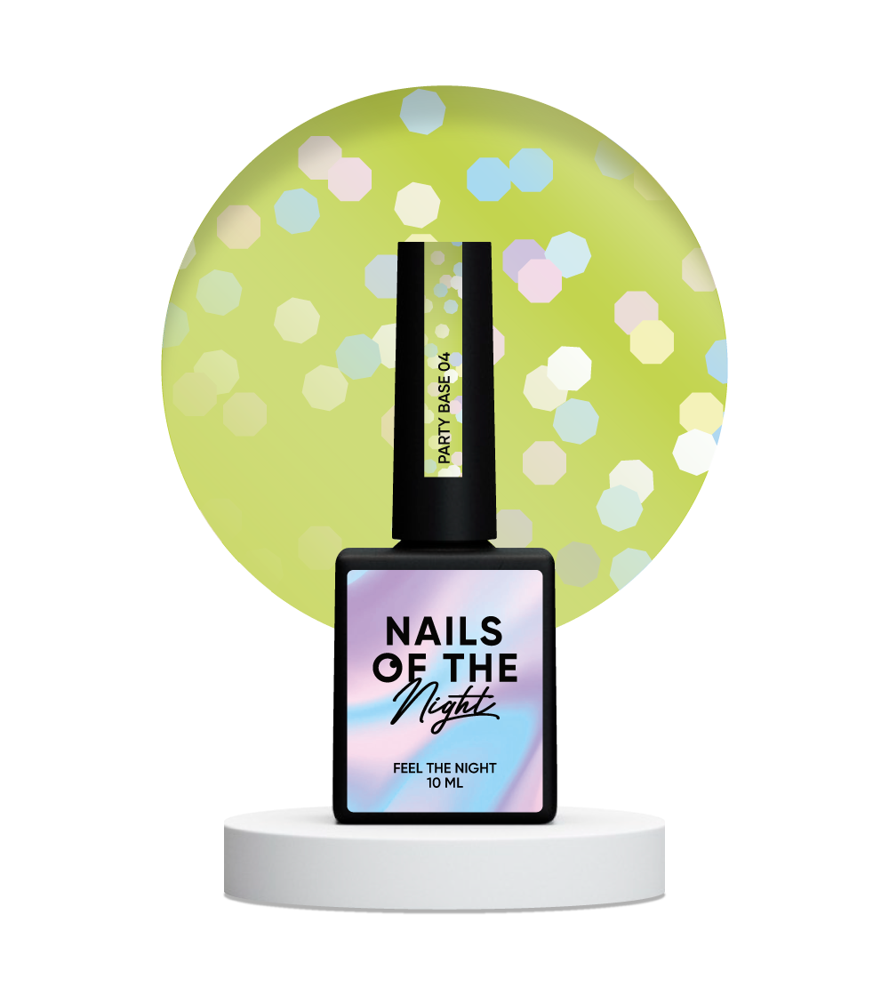 NAILSOFTHENIGHT Party base 04 – неонова лимонно-зелена база з голографічними шестигранниками, 10 мл, фото 1
