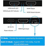 Аудіорозгалужувач HDMI 1 на 2 порти спліттер 4k 60hz 1x2 розгалужувач HDMI2.0b Splitter з підтримкою EXTRACT AUDIO (WAZ-F12C), фото 2