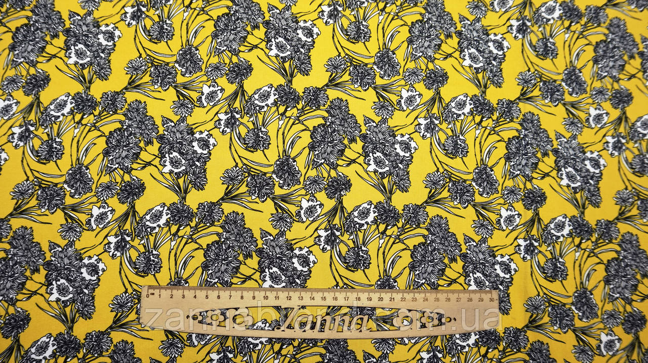 Тканина штапель колір жовто-оливковий "Хризантема", фото 1