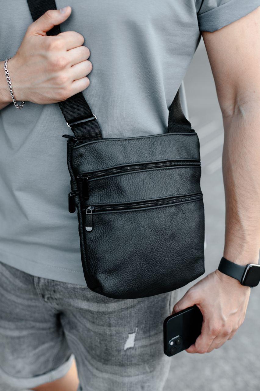 Чоловіча сумка мессенджер чорна з натуральної шкіри з регульованим ремінцем барсетка через плече для чоловіків