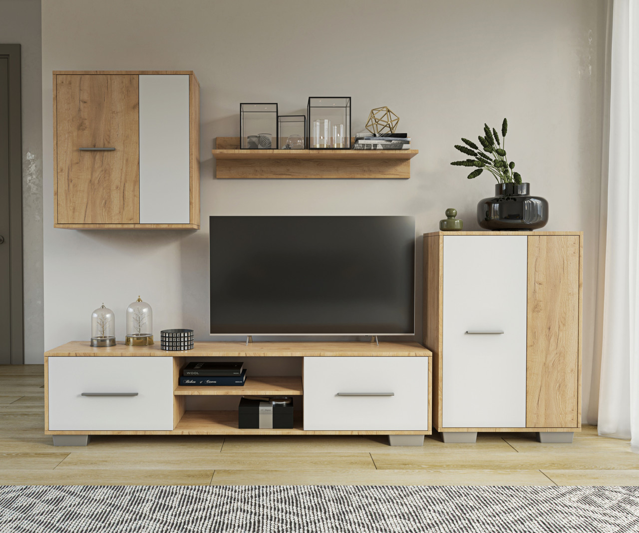 Сучасна стильна світла маленька стінка з довгою тумбою під телевізор у вітальню зал 220 см Зета ДСП