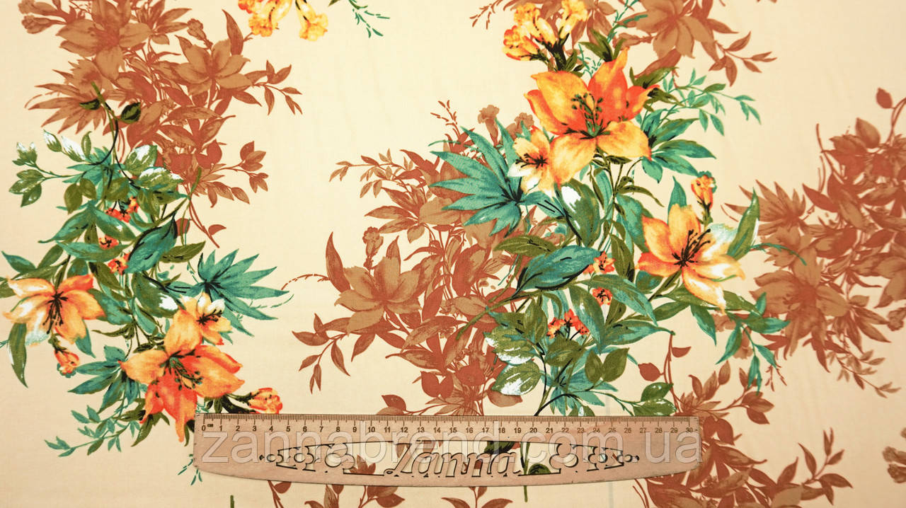 Тканина штапель колір кремовий "Тропічний букет", фото 1