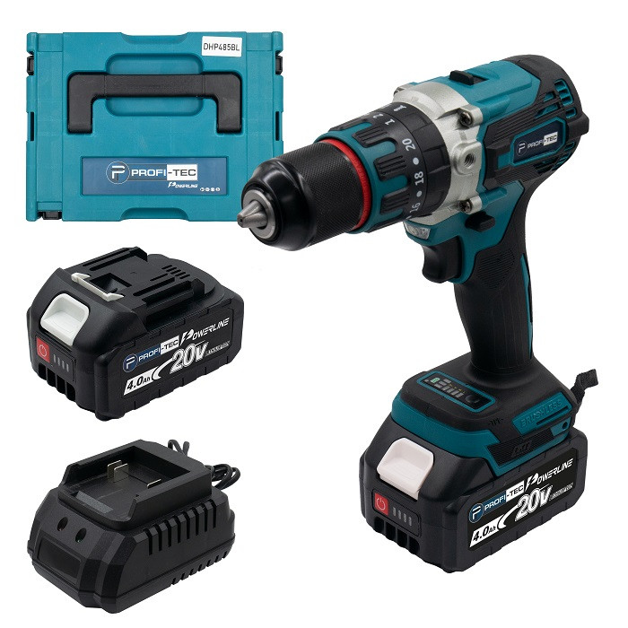 Акумуляторний шурупокрут PROFI-TEC DHP485BL POWERLine (2×PT2040 (4.0 А·год), зарядний пристрій)