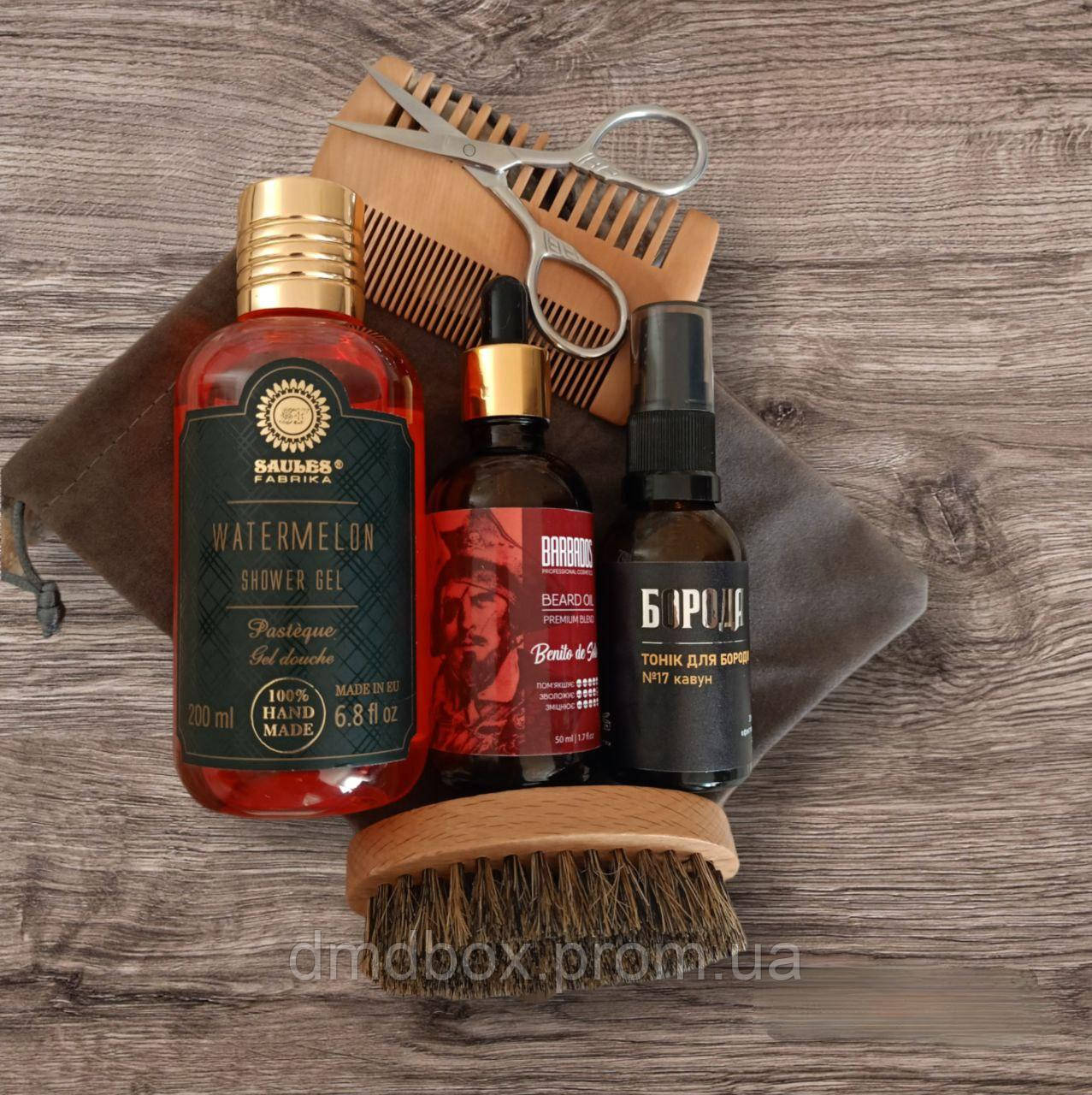 Набор по уходу за бородой и телом "Арбуз максимум" (гель для душа + тоник + масло для бороды + аксессуары) - фото 1 - id-p2230689638