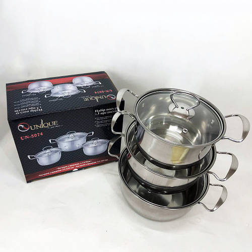 Комплект нержавеющих кастрюль UNIQUE UN-5074, Набор каструль с PQ-449 ...