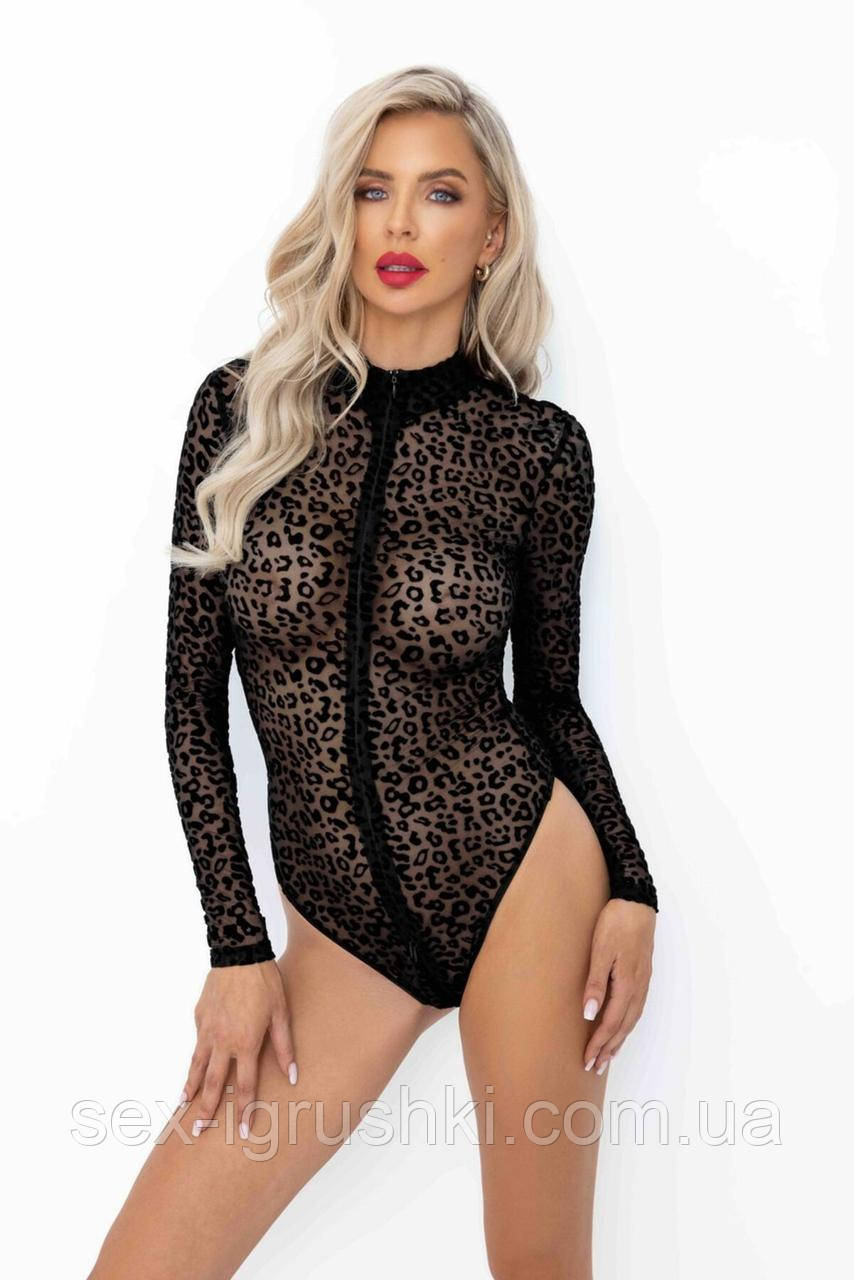 Боді Noir Handmade F287 Leopard flock bodysuit with long sleeves - 3XL