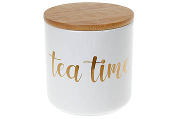 Банка керамічна 550 мл із бамбуковою кришкою Tea Time, колір білий із золотом