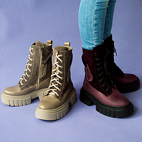 Шкіряні жіночі черевики берці зимові бордового кольору  «Style Shoes»