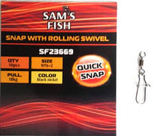 Карабін +вертлюг "SAMS FISH" No2+4 (6 шт.) 30 КГ!
