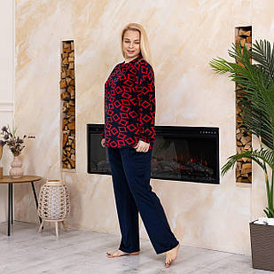 Жіночий велюровий брючний костюм для прогулянок темно-синього кольору з принтом Червоні ромби Bonita 52