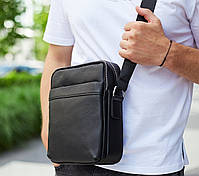 Чоловічий чорний мессенджер на два відділення 22х26х7, сумка планшет на ремені, барсетка для документів, чорна, фото 3