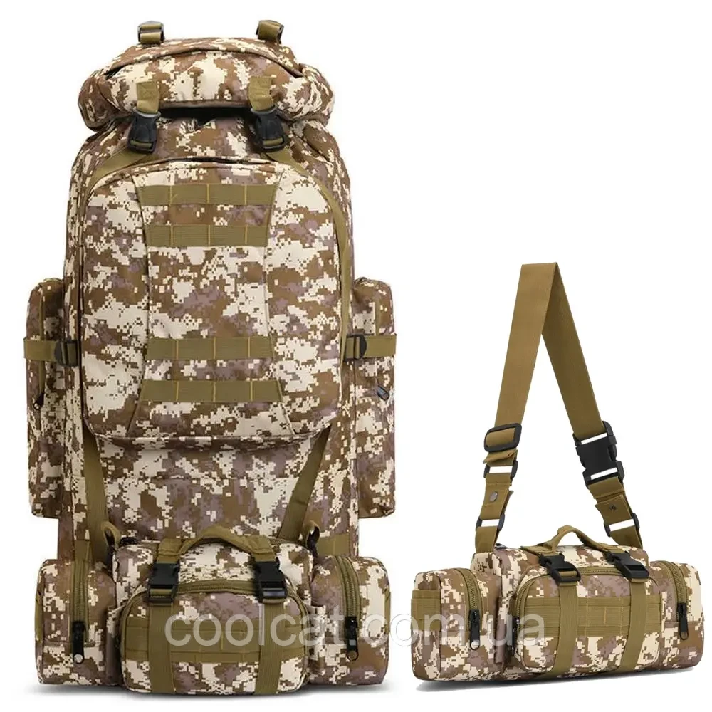 Рюкзак тактичний 80 л (80х39x22 см) + Підсумок, Коричневий піксель / Туристичний похідний рюкзак