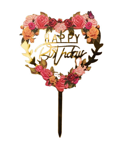 Дзеркальний топпер Happy Birthday серце з трояндами золото