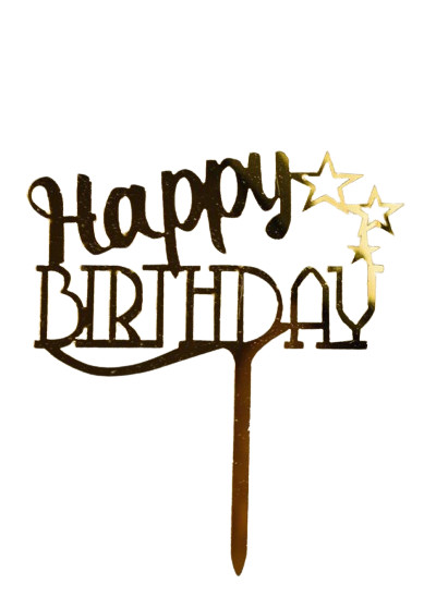Дзеркальний топер Happy Birthday три зірки золото