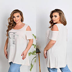 Жіноча літня туніка футболка з декором із страз спереду, батал і супер батал великі розміри