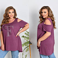 Жіноча літня туніка футболка з декором із страз спереду, батал і супер батал великі розміри