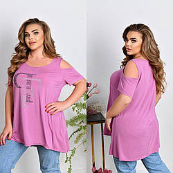 Жіноча літня туніка футболка з декором із страз спереду, батал і супер батал великі розміри