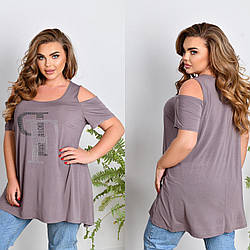 Жіноча літня туніка футболка з декором із страз спереду, батал і супер батал великі розміри