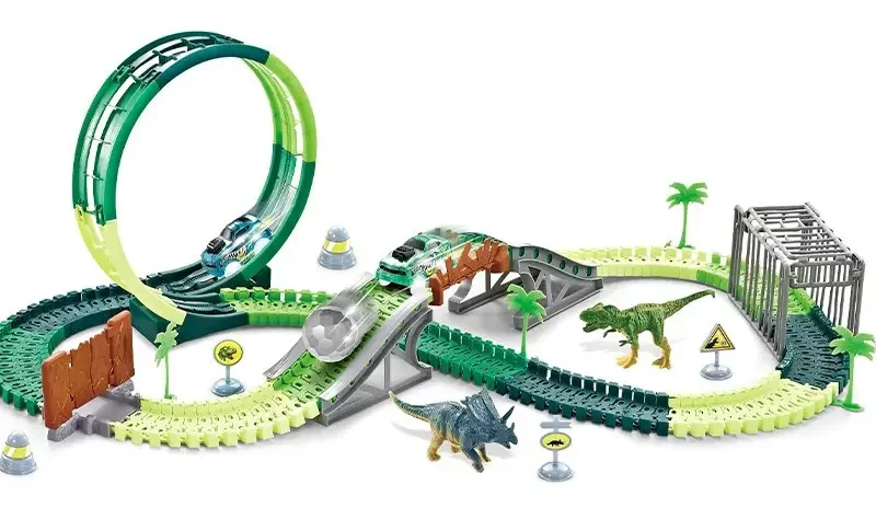 Трек для машинок (225 деталі, машинка на батарейках, підсвічування, 4 фігурки динозаврів, в коробці) 358