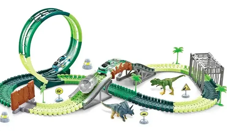 Трек для машинок (225 деталі, машинка на батарейках, підсвічування, 4 фігурки динозаврів, в коробці) 358, фото 1