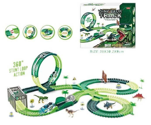Трек для машинок (225 деталі, машинка на батарейках, підсвічування, 4 фігурки динозаврів, в коробці) 358, фото 2