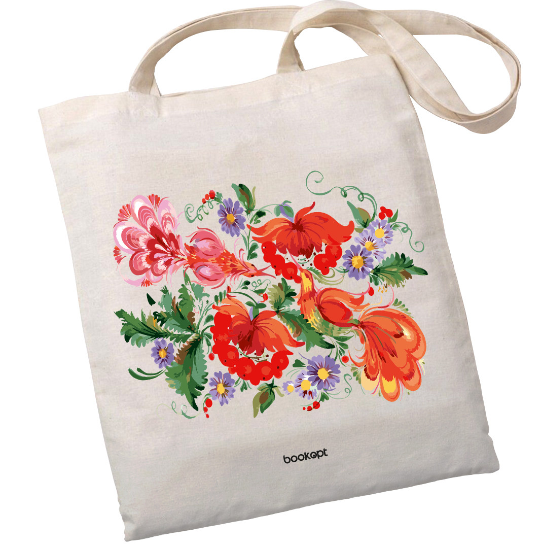 Екошопер BookOpt BK4002 Петриківський розпис Червоні квіти бежевий, фото 1